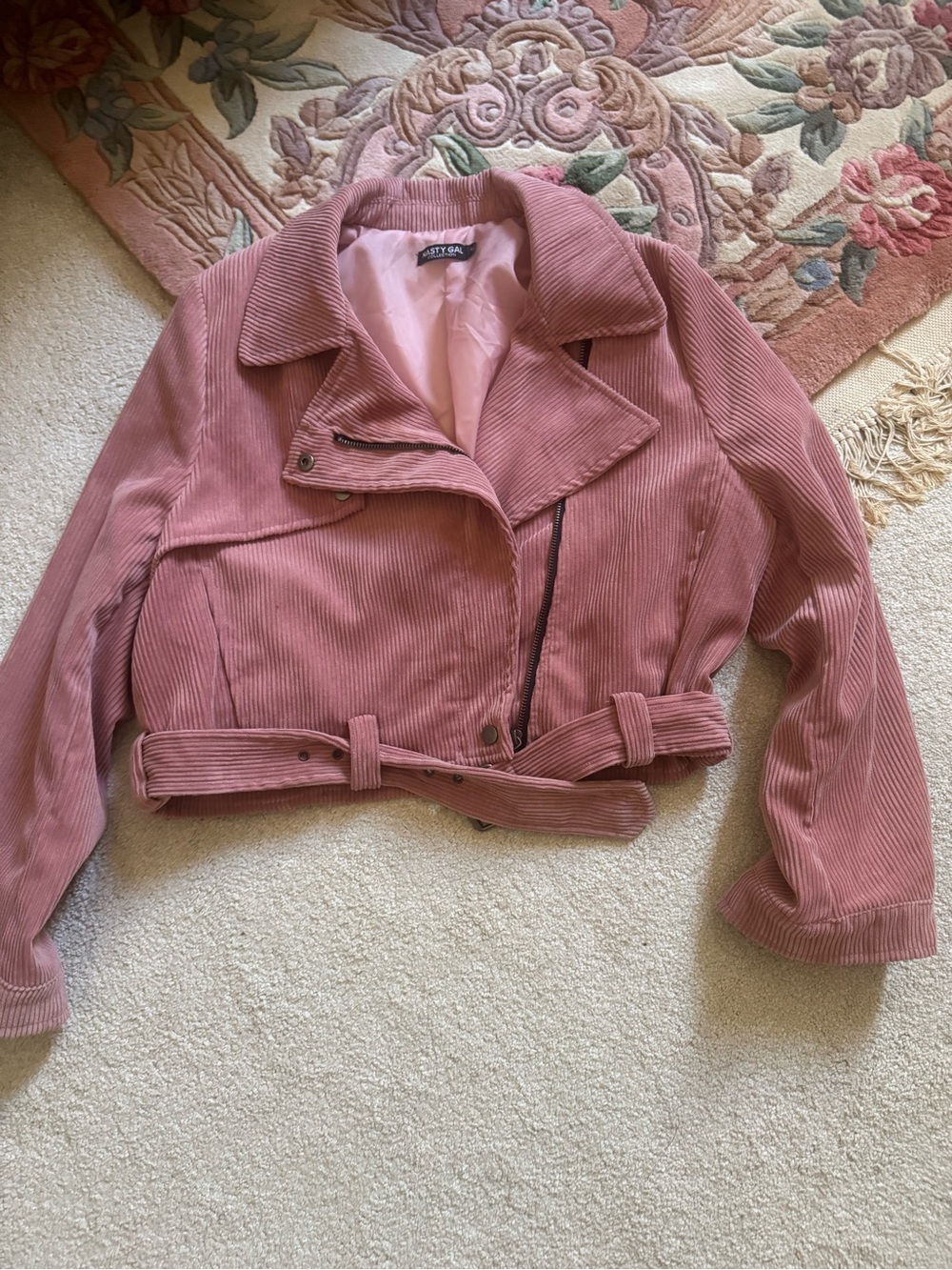 Nasty Gal Dusty Pink Corduroy Belted Moto Jacket